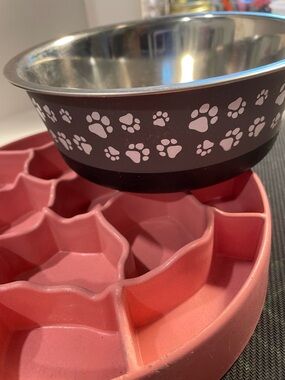 Pet Paw Print Stainless Steel Bowl with Non-Slip Slow Feeder